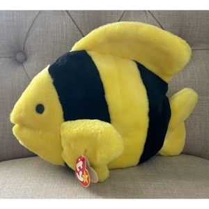 TY Beanie Buddies Collection Fish Plush Bubbles Yellow Black Stripe 10" 1998